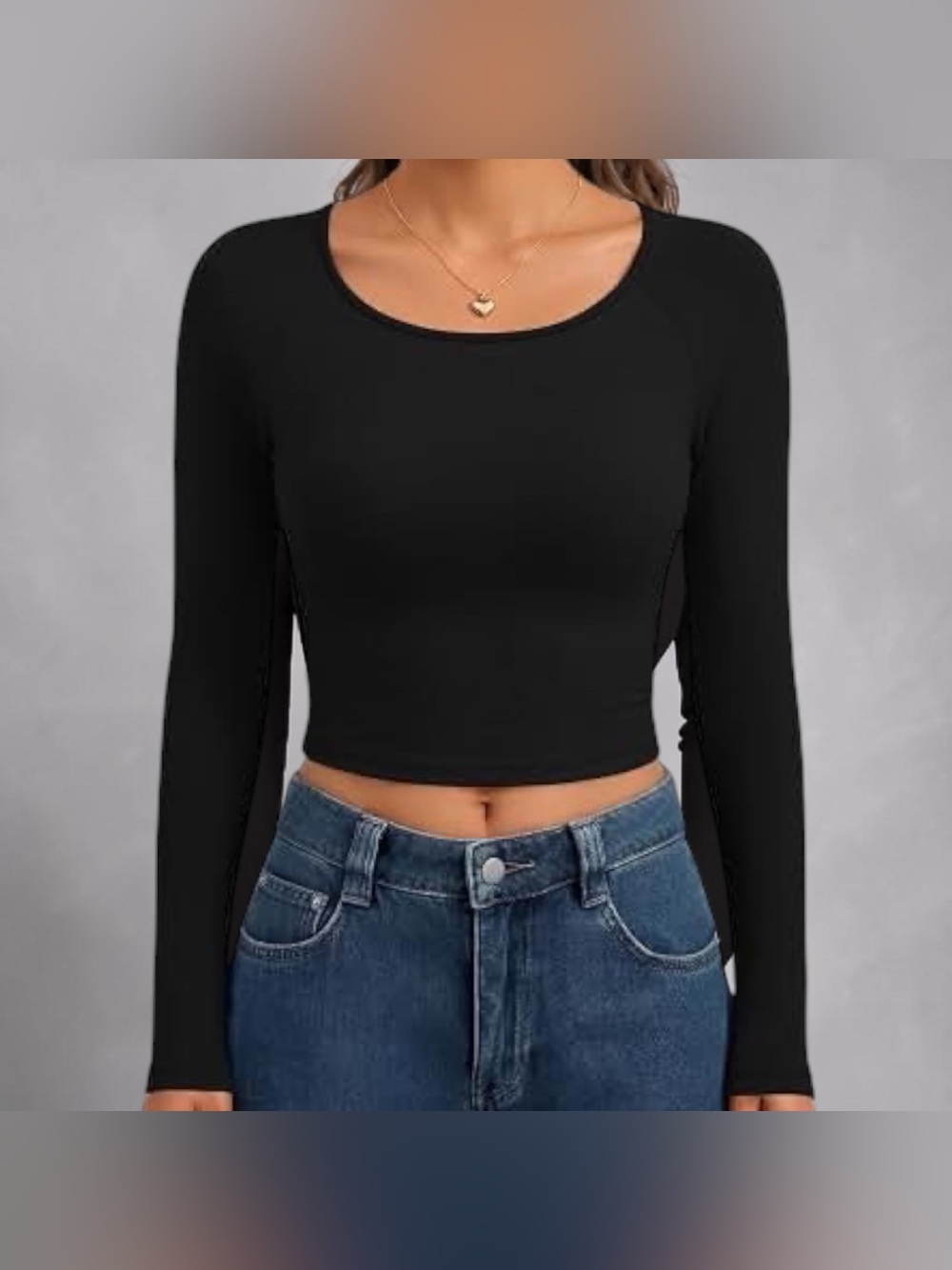 M Black Long-Sleeve Scoop Neck Crop Top Kim Possible Top Medium Soft Bodycon